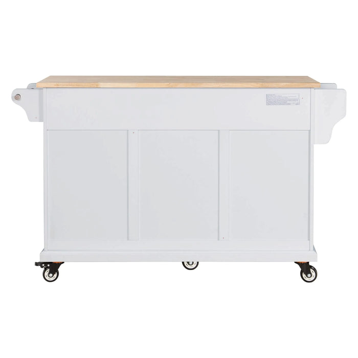 Kitchen Island with Rubber wood Countertop, Kitchen Cart on 5 Wheels with Storage Cabinet and 5 Drawers for Dinning Room, White Default -DTYStore