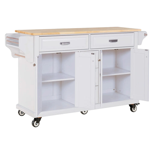 Kitchen Island with Rubber wood Countertop, Kitchen Cart on 5 Wheels with Storage Cabinet and 5 Drawers for Dinning Room, White Default -DTYStore