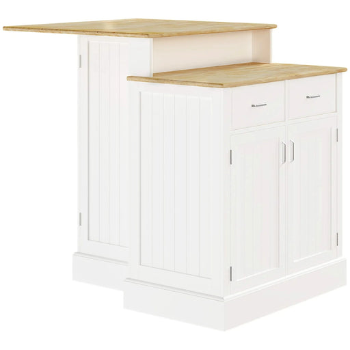 Kitchen Island with Storage Cabinet and 2-Level Rubber Wood Tabletop, Island Table with Adjustable Shelves and Drawers, White Default -DTYStore
