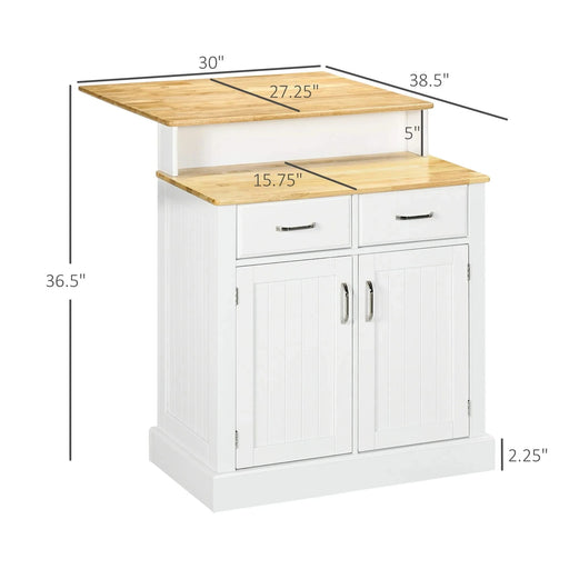 Kitchen Island with Storage Cabinet and 2-Level Rubber Wood Tabletop, Island Table with Adjustable Shelves and Drawers, White Default -DTYStore