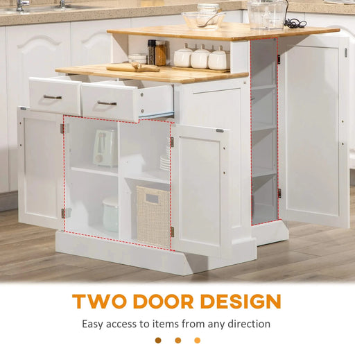 Kitchen Island with Storage Cabinet and 2-Level Rubber Wood Tabletop, Island Table with Adjustable Shelves and Drawers, White Default -DTYStore