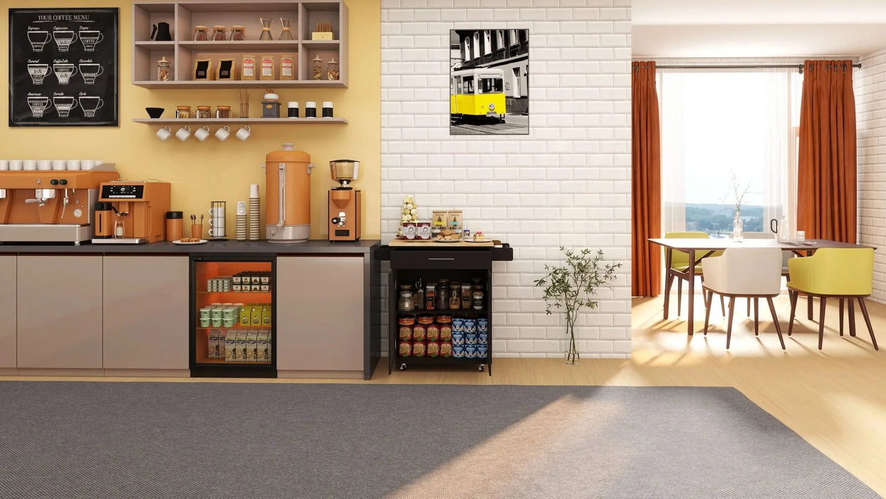 Kitchen island rolling trolley cart with 1 drawer & 2 doors with Adjustable Shelves & towel rack & seasoning rack rubber wood table top - Black Default -DTYStore