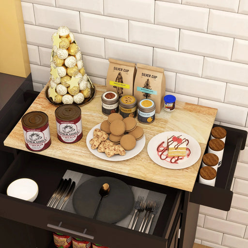 Kitchen island rolling trolley cart with 1 drawer & 2 doors with Adjustable Shelves & towel rack & seasoning rack rubber wood table top - Black Default -DTYStore