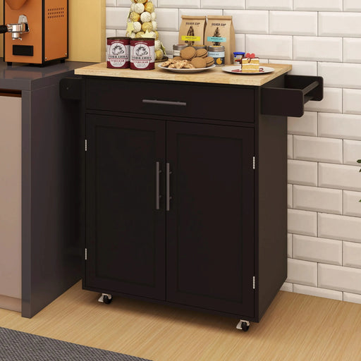 Kitchen island rolling trolley cart with 1 drawer & 2 doors with Adjustable Shelves & towel rack & seasoning rack rubber wood table top - Black Default -DTYStore