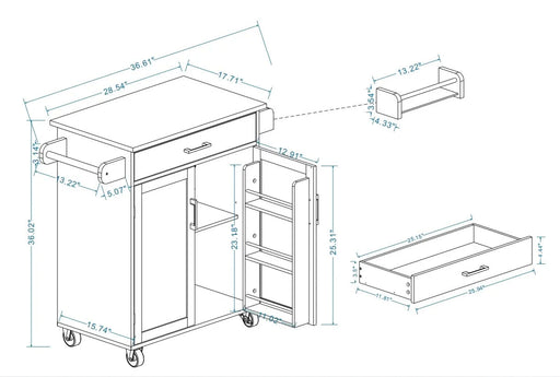 Kitchen island rolling trolley cart with 1 drawer & 2 doors with storage racks & Adjustable Shelves & towel rack & seasoning rack rubber wood table top-White Default -DTYStore