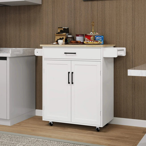 Kitchen island rolling trolley cart with 1 drawer & 2 doors with storage racks & Adjustable Shelves & towel rack & seasoning rack rubber wood table top-White Default -DTYStore