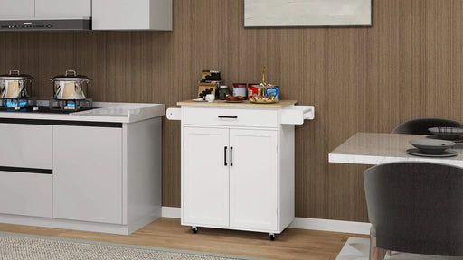 Kitchen island rolling trolley cart with 1 drawer & 2 doors with storage racks & Adjustable Shelves & towel rack & seasoning rack rubber wood table top-White Default -DTYStore