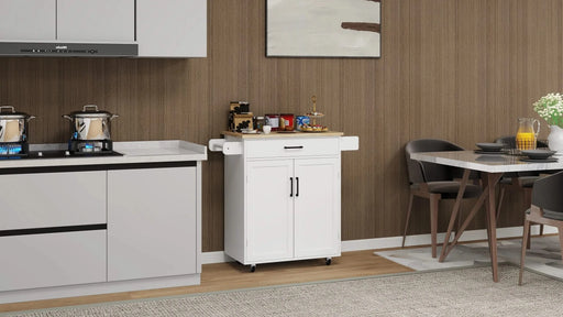 Kitchen island rolling trolley cart with 1 drawer & 2 doors with storage racks & Adjustable Shelves & towel rack & seasoning rack rubber wood table top-White Default -DTYStore