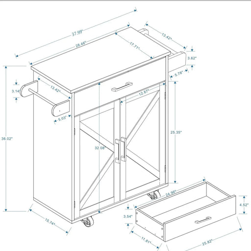 Kitchen island rolling trolley cart with Adjustable Shelves & towel rack & seasoning rack rubber wood table top-White Default -DTYStore