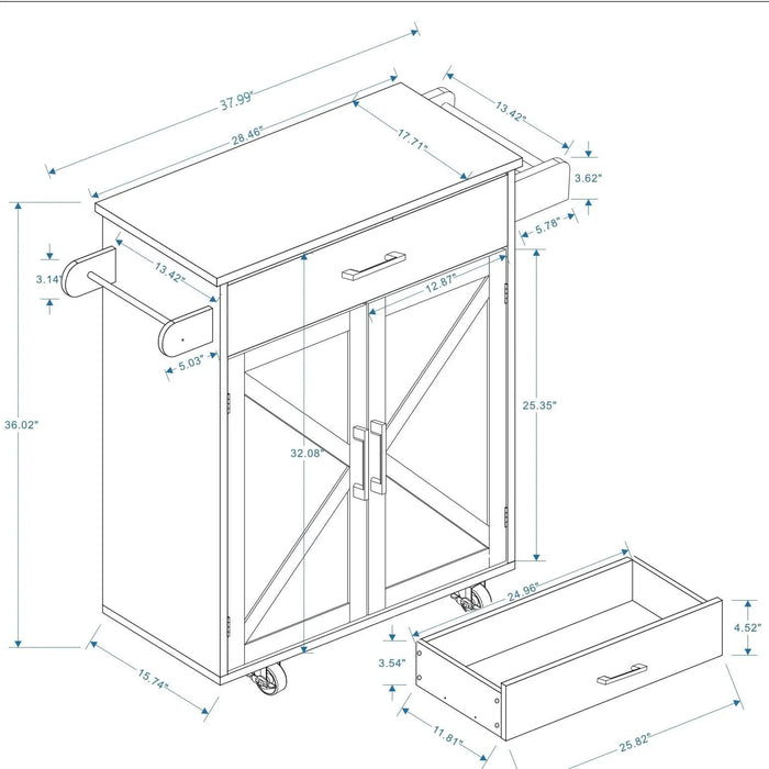 Kitchen island rolling trolley cart with Adjustable Shelves & towel rack & seasoning rack rubber wood table top-White Default -DTYStore