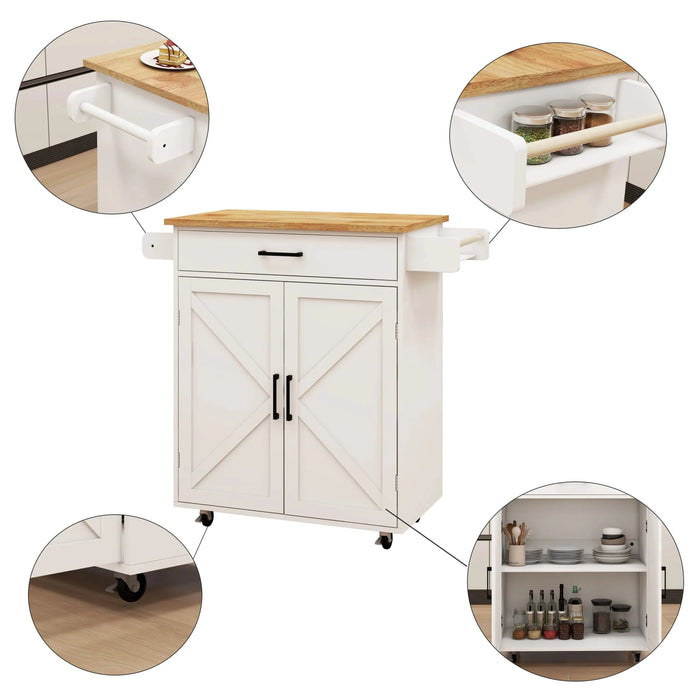 Kitchen island rolling trolley cart with Adjustable Shelves & towel rack & seasoning rack rubber wood table top-White Default -DTYStore