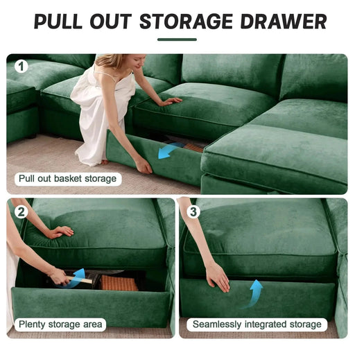 L-Shaped 3 Seater Sectional Sofa Couch,3-seat Sofa with 1 Movable Ottoman, t, Comfortable, Wide and Deep Seat, Chenille Green -DTYStore