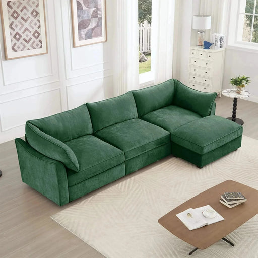 L-Shaped 3 Seater Sectional Sofa Couch,3-seat Sofa with 1 Movable Ottoman, t, Comfortable, Wide and Deep Seat, Chenille Green -DTYStore