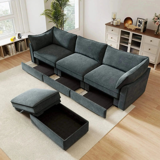 L-Shaped 3 Seater Sectional Sofa Couch,3-seat Sofa with 1 Movable Ottoman, t, Comfortable, Wide and Deep Seat, Chenille Gray -DTYStore