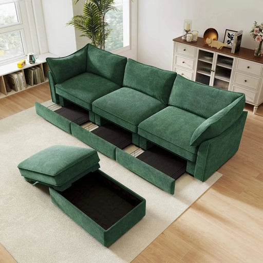 L-Shaped 3 Seater Sectional Sofa Couch,3-seat Sofa with 1 Movable Ottoman, t, Comfortable, Wide and Deep Seat, Chenille Green -DTYStore