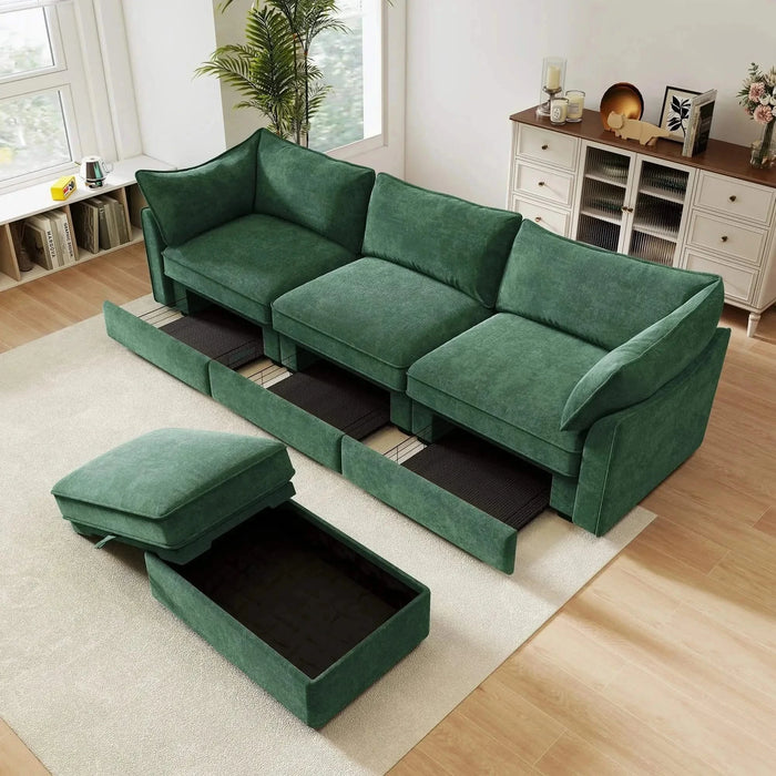 L-Shaped 3 Seater Sectional Sofa Couch,3-seat Sofa with 1 Movable Ottoman, t, Comfortable, Wide and Deep Seat, Chenille Green -DTYStore