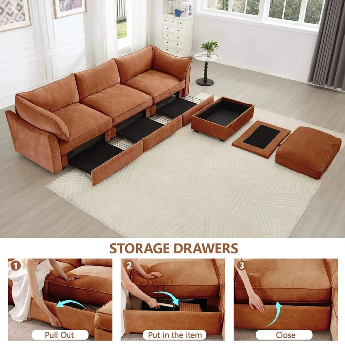 L-Shaped 3 Seater Sectional Sofa Couch,3-seat Sofa with 1 Movable Ottoman, t, Comfortable, Wide and Deep Seat, Chenille Orange -DTYStore