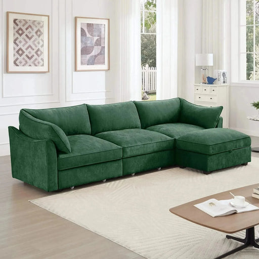 L-Shaped 3 Seater Sectional Sofa Couch,3-seat Sofa with 1 Movable Ottoman, t, Comfortable, Wide and Deep Seat, Chenille Green -DTYStore