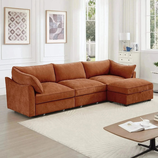 L-Shaped 3 Seater Sectional Sofa Couch,3-seat Sofa with 1 Movable Ottoman, t, Comfortable, Wide and Deep Seat, Chenille Orange -DTYStore
