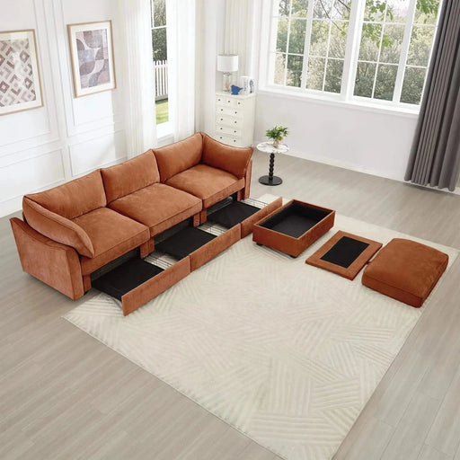 L-Shaped 3 Seater Sectional Sofa Couch,3-seat Sofa with 1 Movable Ottoman, t, Comfortable, Wide and Deep Seat, Chenille Orange -DTYStore