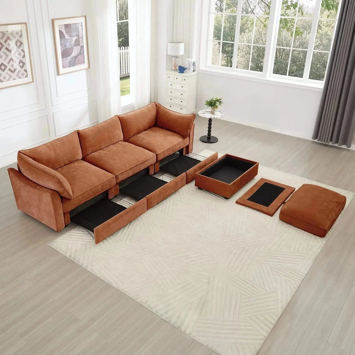 L-Shaped 3 Seater Sectional Sofa Couch,3-seat Sofa with 1 Movable Ottoman, t, Comfortable, Wide and Deep Seat, Chenille Orange -DTYStore