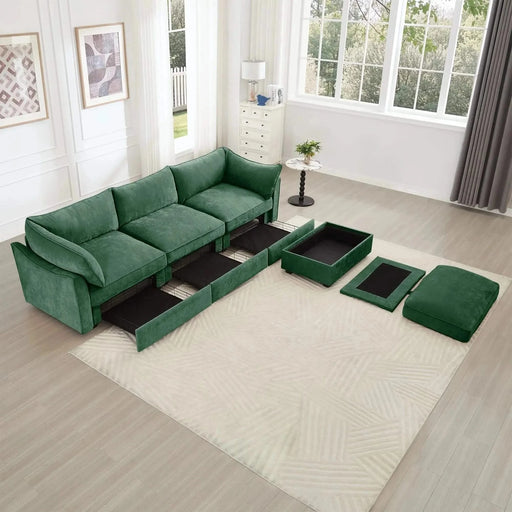 L-Shaped 3 Seater Sectional Sofa Couch,3-seat Sofa with 1 Movable Ottoman, t, Comfortable, Wide and Deep Seat, Chenille Green -DTYStore