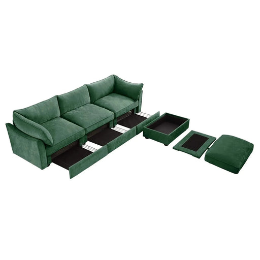 L-Shaped 3 Seater Sectional Sofa Couch,3-seat Sofa with 1 Movable Ottoman, t, Comfortable, Wide and Deep Seat, Chenille Green -DTYStore