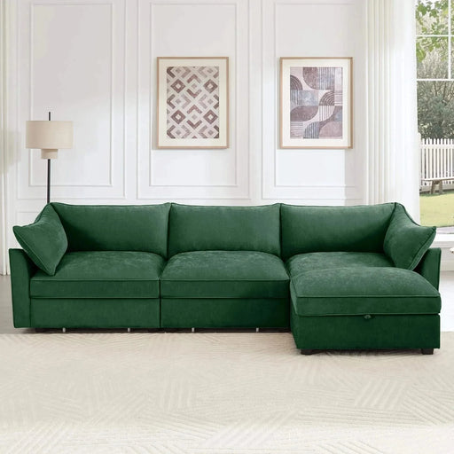 L-Shaped 3 Seater Sectional Sofa Couch,3-seat Sofa with 1 Movable Ottoman, t, Comfortable, Wide and Deep Seat, Chenille Green -DTYStore