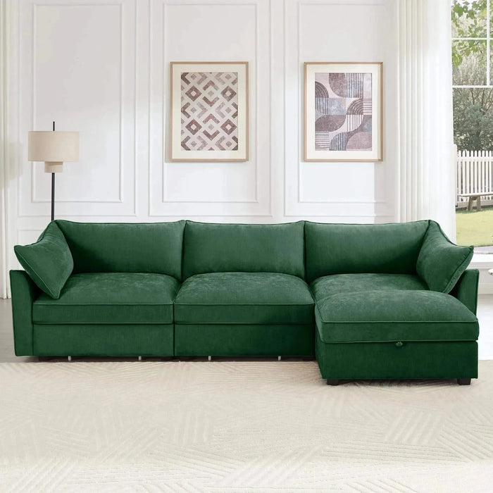 L-Shaped 3 Seater Sectional Sofa Couch,3-seat Sofa with 1 Movable Ottoman, t, Comfortable, Wide and Deep Seat, Chenille Green -DTYStore