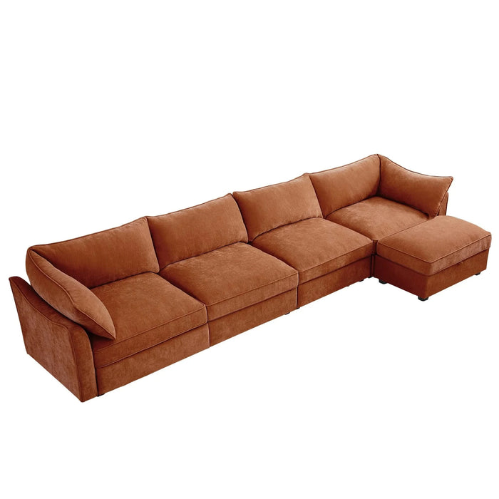 L-Shaped 4 Seater Sectional Sofa Couch,4-seat Sofa with 1 Movable Ottoman, Crescent-shaped Armrests And Wraparound Back & Armrest Cushions,Chenille Orange Default -DTYStore