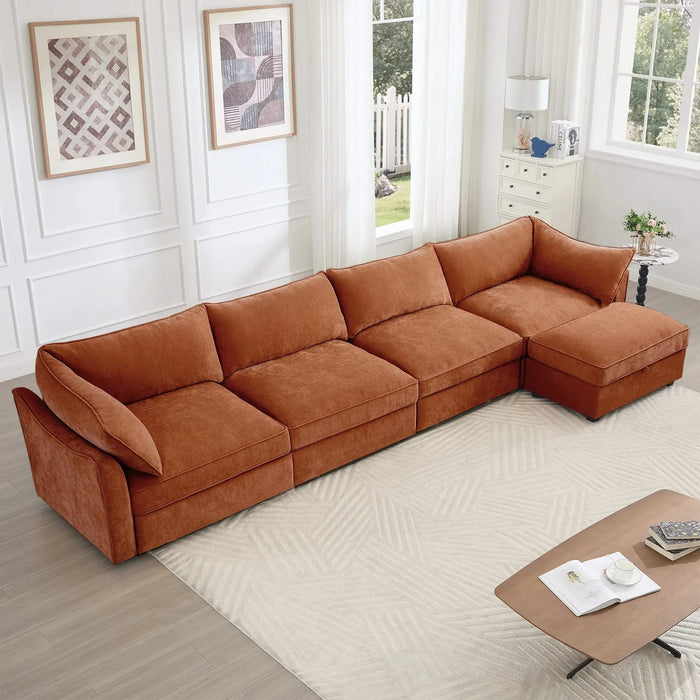 L-Shaped 4 Seater Sectional Sofa Couch,4-seat Sofa with 1 Movable Ottoman, Crescent-shaped Armrests And Wraparound Back & Armrest Cushions,Chenille Orange Default -DTYStore