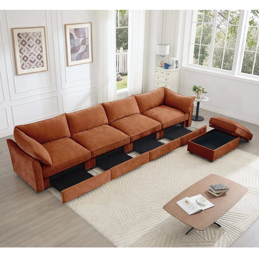 L-Shaped 4 Seater Sectional Sofa Couch,4-seat Sofa with 1 Movable Ottoman, Crescent-shaped Armrests And Wraparound Back & Armrest Cushions,Chenille Orange Default -DTYStore