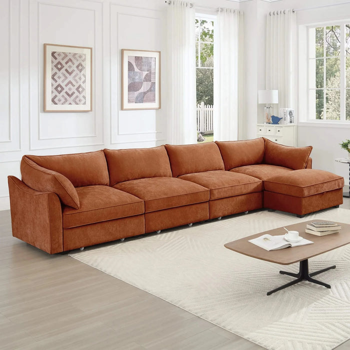 L-Shaped 4 Seater Sectional Sofa Couch,4-seat Sofa with 1 Movable Ottoman, Crescent-shaped Armrests And Wraparound Back & Armrest Cushions,Chenille Orange Default -DTYStore
