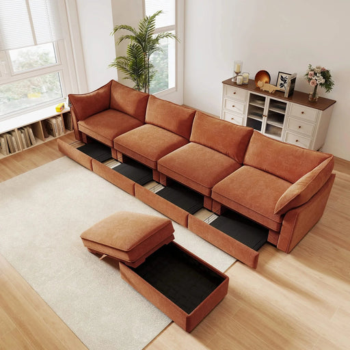 L-Shaped 4 Seater Sectional Sofa Couch,4-seat Sofa with 1 Movable Ottoman, Crescent-shaped Armrests And Wraparound Back & Armrest Cushions,Chenille Orange Default -DTYStore