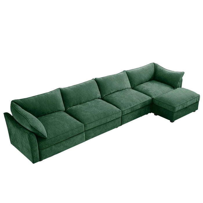 L-Shaped 4 Seater Sectional Sofa Couch,4-seat Sofa with 1 Movable Ottoman, Crescent-shaped Armrests And Wraparound Back & Armrest Cushions, ,Chenille Green Default -DTYStore