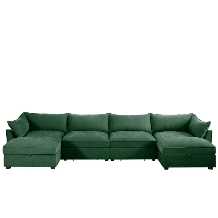 L-Shaped 4 Seater Sectional Sofa Couch,4-seat Sofa with 1 Movable Ottoman, Crescent-shaped Armrests And Wraparound Back & Armrest Cushions, ,Chenille Green Default -DTYStore