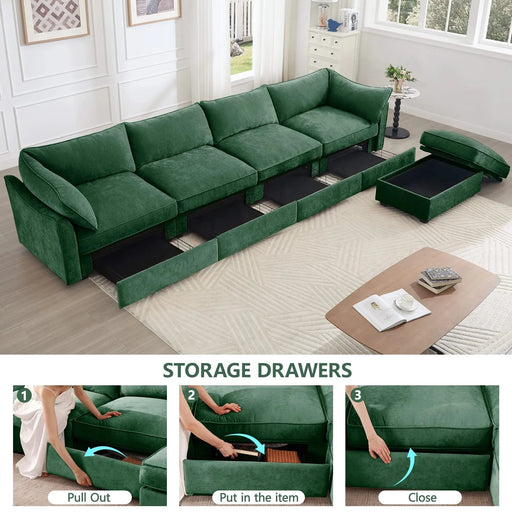L-Shaped 4 Seater Sectional Sofa Couch,4-seat Sofa with 1 Movable Ottoman, Crescent-shaped Armrests And Wraparound Back & Armrest Cushions, ,Chenille Green Default -DTYStore