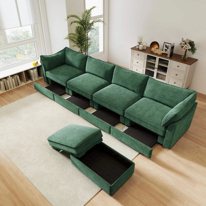 L-Shaped 4 Seater Sectional Sofa Couch,4-seat Sofa with 1 Movable Ottoman, Crescent-shaped Armrests And Wraparound Back & Armrest Cushions, ,Chenille Green Default -DTYStore
