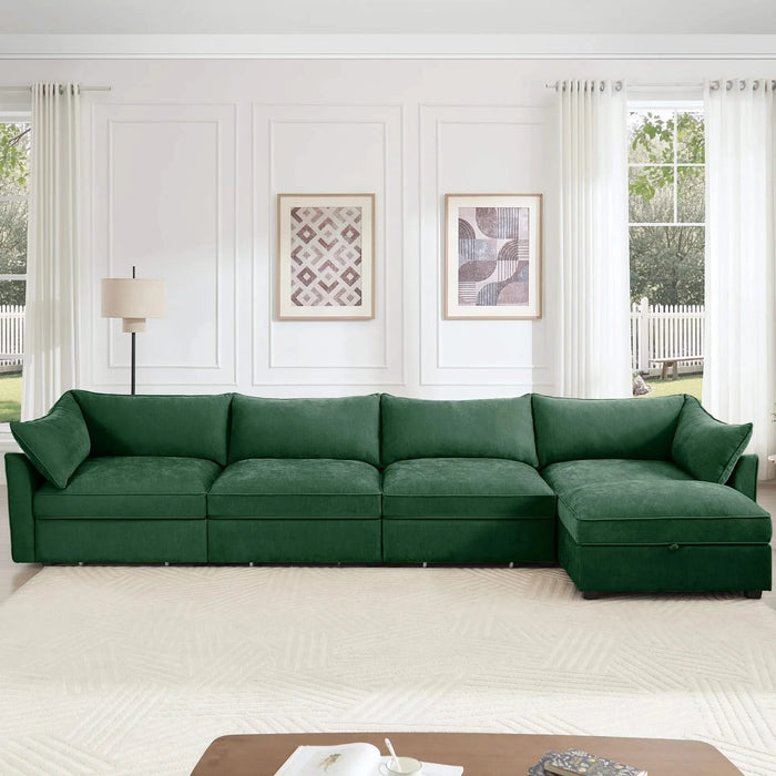 L-Shaped 4 Seater Sectional Sofa Couch,4-seat Sofa with 1 Movable Ottoman, Crescent-shaped Armrests And Wraparound Back & Armrest Cushions, ,Chenille Green Default -DTYStore