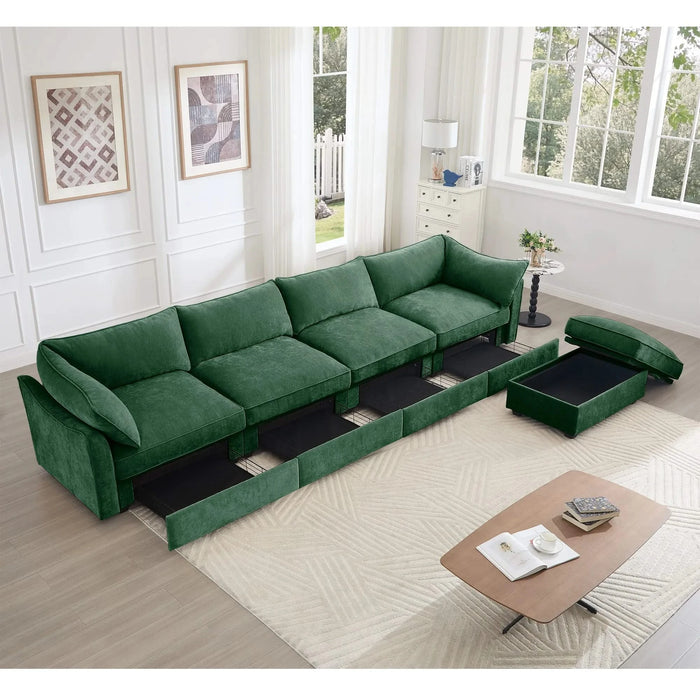 L-Shaped 4 Seater Sectional Sofa Couch,4-seat Sofa with 1 Movable Ottoman, Crescent-shaped Armrests And Wraparound Back & Armrest Cushions, ,Chenille Green Default -DTYStore