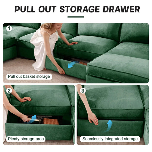 L-Shaped 4 Seater Sectional Sofa Couch,4-seat Sofa with 1 Movable Ottoman, Crescent-shaped Armrests And Wraparound Back & Armrest Cushions, ,Chenille Green Default -DTYStore