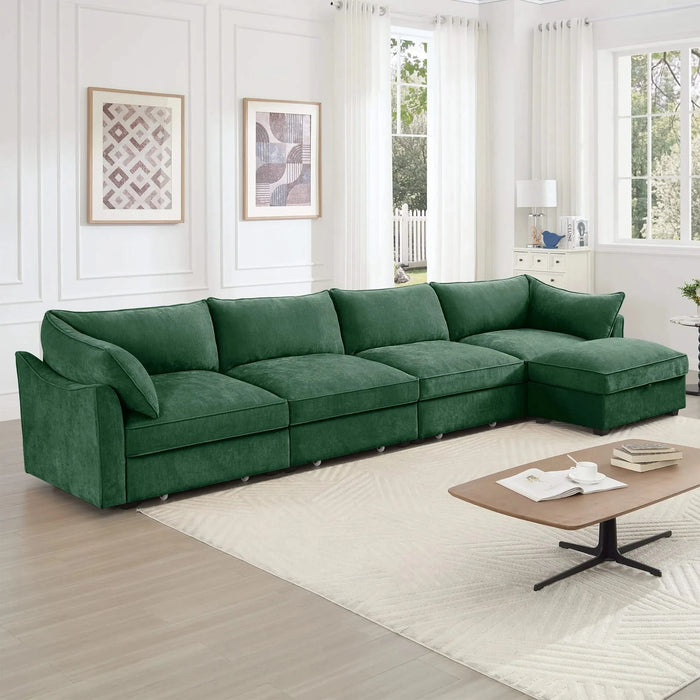 L-Shaped 4 Seater Sectional Sofa Couch,4-seat Sofa with 1 Movable Ottoman, Crescent-shaped Armrests And Wraparound Back & Armrest Cushions, ,Chenille Green Default -DTYStore