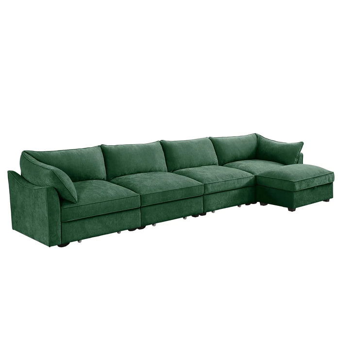 L-Shaped 4 Seater Sectional Sofa Couch,4-seat Sofa with 1 Movable Ottoman, Crescent-shaped Armrests And Wraparound Back & Armrest Cushions, ,Chenille Green Default -DTYStore