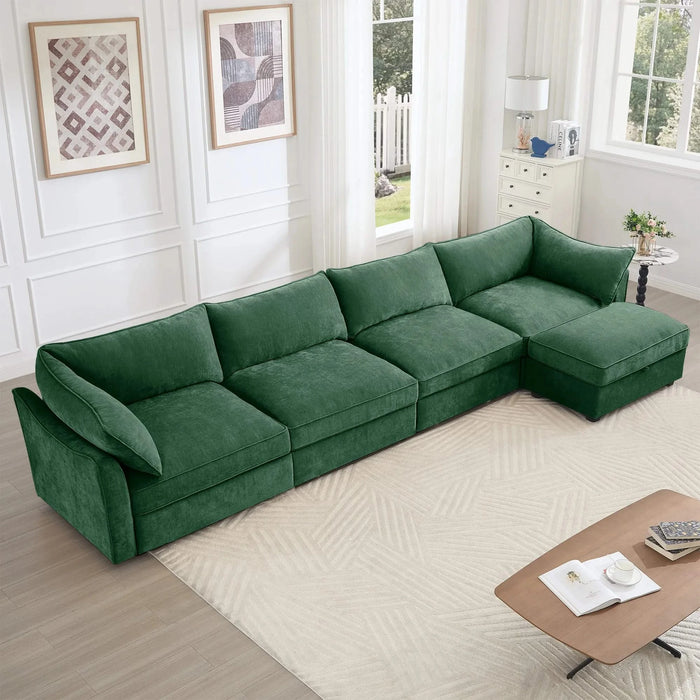 L-Shaped 4 Seater Sectional Sofa Couch,4-seat Sofa with 1 Movable Ottoman, Crescent-shaped Armrests And Wraparound Back & Armrest Cushions, ,Chenille Green Default -DTYStore