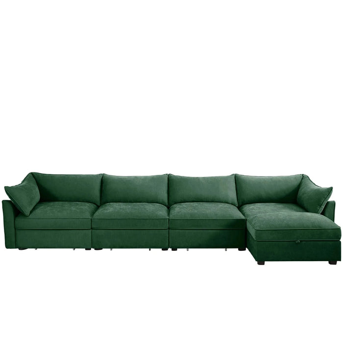 L-Shaped 4 Seater Sectional Sofa Couch,4-seat Sofa with 1 Movable Ottoman, Crescent-shaped Armrests And Wraparound Back & Armrest Cushions, ,Chenille Green Default -DTYStore