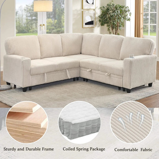 L-Shaped Sectional Sofa Bed with Pull-Out Bed & Storage, 5-Seat Sleeper Couch with USB Charging, Convertible Design for Living Room, Apartment, Corduroy Fabric, Beige Default -DTYStore