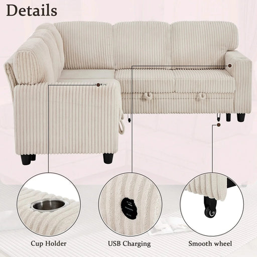 L-Shaped Sectional Sofa Bed with Pull-Out Bed & Storage, 5-Seat Sleeper Couch with USB Charging, Convertible Design for Living Room, Apartment, Corduroy Fabric, Beige Default -DTYStore