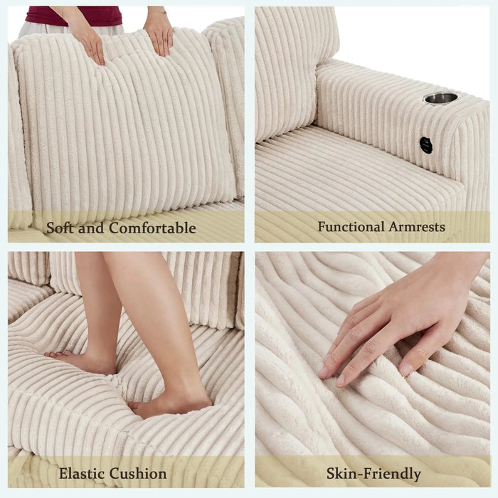 L-Shaped Sectional Sofa Bed with Pull-Out Bed & Storage, 5-Seat Sleeper Couch with USB Charging, Convertible Design for Living Room, Apartment, Corduroy Fabric, Beige Default -DTYStore