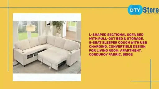 L-Shaped Sectional Sofa Bed with Pull-Out Bed & Storage, 5-Seat Sleeper Couch with USB Charging, Convertible Design for Living Room, Apartment, Corduroy Fabric, Beige Default -DTYStore