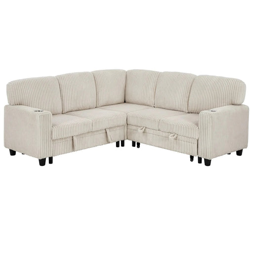 L-Shaped Sectional Sofa Bed with Pull-Out Bed & Storage, 5-Seat Sleeper Couch with USB Charging, Convertible Design for Living Room, Apartment, Corduroy Fabric, Beige Default -DTYStore